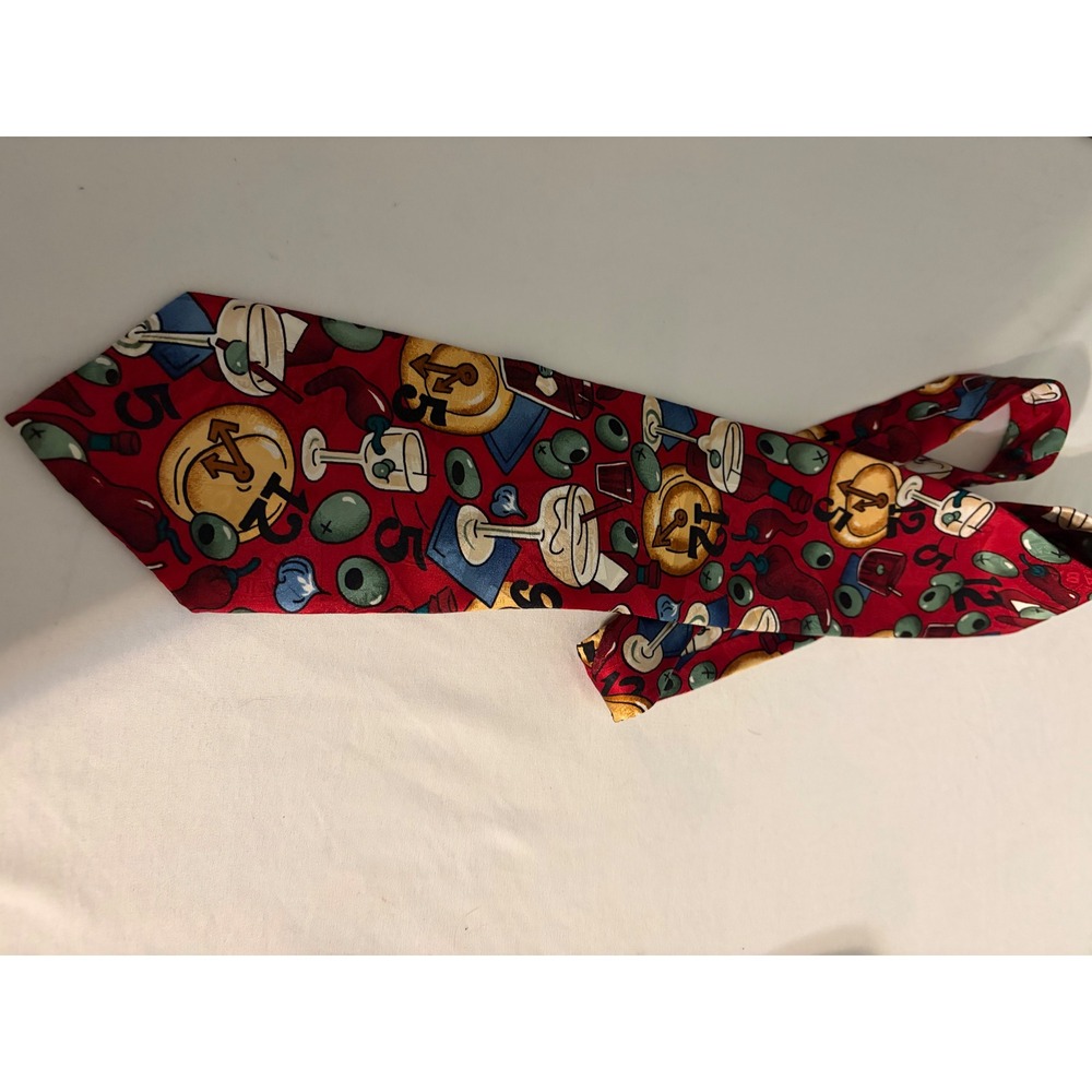 Tabaschi Mens Silk Tie Red Happy Hour Martini Olive Chili Pepper Novelty Print
